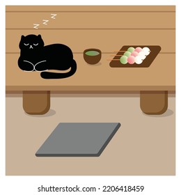 Black cat sleeping on the table with japanese dango and green tea. Using design for advertising restaurant, icon, logo, package, menu, recipes design element. Vector illustration.