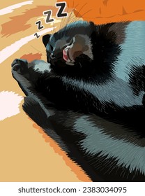 The black cat is sleeping. The cat sleeps with his mouth open.