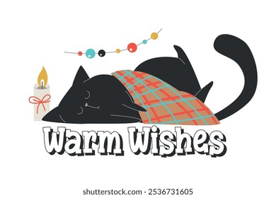 black cat sleeping under blanket. Warm Wishes words. winter holiday sticker isolated on white background. flat cartoon kitten with candle. vector illustration