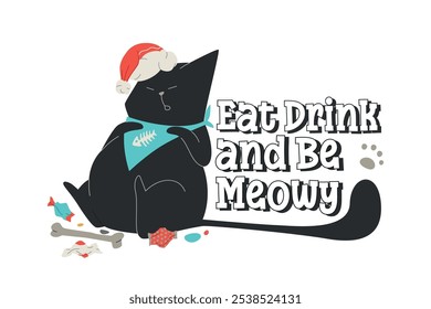 black cat sleeping under blanket. Warm Wishes words. winter holiday sticker isolated on white background. flat cartoon kitten with candle. vector illustration