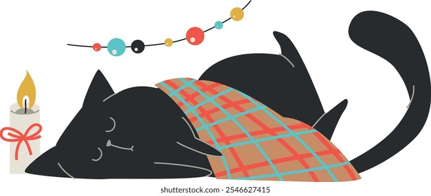 Gato negro que duerme debajo de la manta. Año nuevo o Navidad Gatito gordo negro lindo de la historieta. Vela ardiente. Tarjeta de celebración de las fiestas de invierno. Ilustración vectorial aislada.