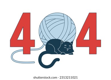 Black cat sleeping with yarn ball error 404 flash message. Resting cute pet. Wool ball. Empty state ui design. Page not found popup cartoon image. Vector flat illustration concept on white background