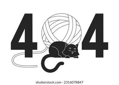 Black cat sleeping with yarn ball black white error 404 flash message. Resting cute pet. Monochrome empty state ui design. Page not found popup cartoon image. Vector flat outline illustration concept