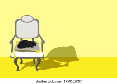 A black cat sleeps on a gray pillow with a yellow decorative cord and tassels in a beautiful antique chair. Yellow background with space for text. Vector illustration in cartoon style.