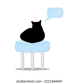 A black cat sleeps on a round stool. vector illustration