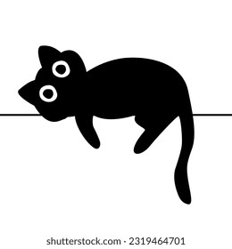 The black cat sleeps on the wall. Flat style vector illustration.