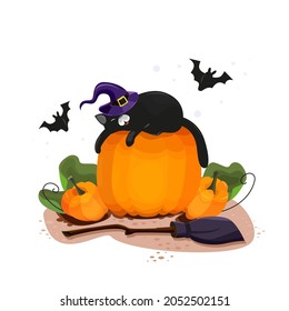 Un gato negro duerme en una calabaza. Una tarjeta de saludo de Halloween. Gráficos vectoriales