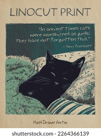 The black cat sleeps sweetly in bed on a pillow and under a fluffy blanket. Hand drawn vector illustration, stylized in traditional artistic linocut or woodcut print on old paper.