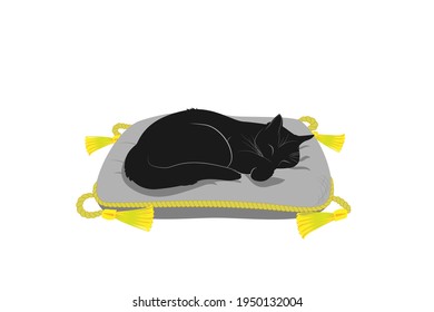 A black cat sleeps sweetly on a gray pillow with a yellow decorative cord and tassels. Isolated on a white background. Vector illustration in cartoon style, as a design element.