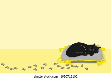 A black cat sleeps sweetly on a gray pillow with a yellow decorative cord and tassels. Cat tracks lead to the place where it sleeps. Vector illustration in cartoon style with space for text.