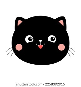 Black cat smiling face head silhouette round icon. Funny kawaii doodle animal showing tongue. Cute cartoon funny baby pet character. Sticker print. Flat design. White background. Isolated. Vector