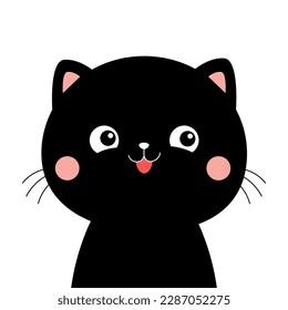 Black cat smiling face head silhouette icon. Funny kawaii doodle animal showing tongue. Cute cartoon funny baby character. Pet collection. Sticker print. Flat design. White background Isolated. Vector