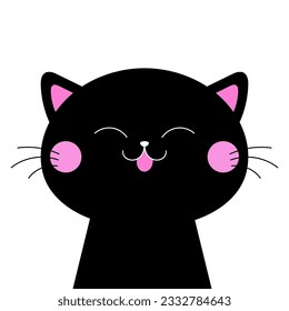 Gato negro. Icono sonriente de la silueta de la cabeza de la cara. Caricatura graciosa de un personaje bebé. Un divertido animal de garabato kawaii que muestra la lengua. Colección de mascotas. Impresión pegatina. Diseño plano. Fondo blanco. Vector