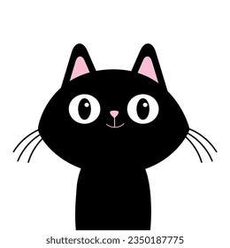 Black cat smiling face head silhouette icon. Funny kitten. Surprised kawaii doodle animal. Cute cartoon funny baby character. Pet collection. Sticker print. Flat design. White background. Vector