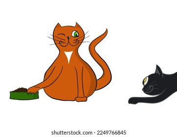 Black cat sneaks up on a ginger cat's food. Vector illustration