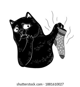 Black cat sniffs the disgusting smell of socks. Funny cartoon characters isolated on white background
