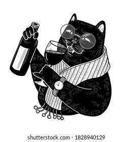 Sumiller de gato negro con botella y vaso de vino. Elegante ilustración del doodle de caracteres para menú, impresión, tarjeta, afiche, papel pintado