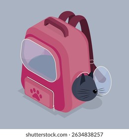 Black cat in a special backpack for travel. Pet carrier. Traveling with pets.  3d flat isometric vector illustration.