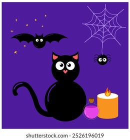 Black cat spider and bat, candle and potion Halloween dark composition. Hand drawn scary illustration in cartoon style. Isolated drawing perfect for autumn graphic and spooky season card designs.
