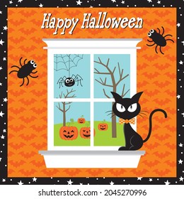 Black cat and spider on the window for halloween greeting card