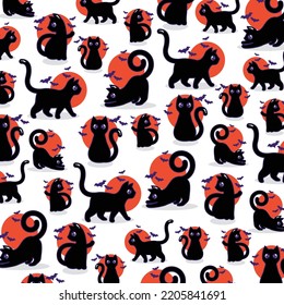 Black Cat With Spooky Bat Silhoutte Halloween Festival Vector Pattern