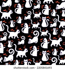 Black Cat With Spooky Bat Silhoutte Halloween Festival Vector Pattern