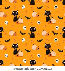 Black Cat and Spooky Halloween Pumpkin Seamless Pattern