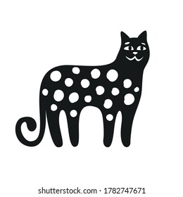 Black cat. Black spotted cat silhouette on white background. Cartoon style Vector illustration