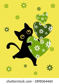 Gato negro y flor de primavera verde corazón. Tarjeta de San Valentín. Patrón de estampados de moda en tazas, almohadas, textiles, ropa, camisetas, planchas, cubiertas. Ilustración vectorial.