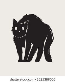 Gato negro de pie enojado, mirando sorprendente, mirando fijamente. Estilo de boceto Doodle. Carácter animal lindo, adorable. Ilustración vectorial dibujada a mano. Elemento de diseño aislado. Logotipo, icono, impresión, Plantilla de diseño