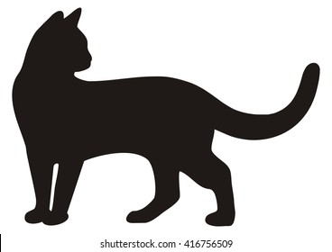 black cat, standing animal, silhouette, vector icon