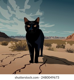 A black cat is standing in the desert. The illustration is made mainly in warm colours. The picture conveys calmness, silence, pleasure, loneliness.