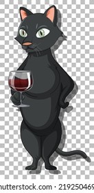 Black cat standing holding wine glass cartoon character illustration