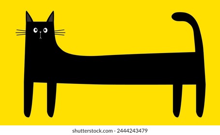 Black cat standing. Long body with tail. Funny sad face head silhouette. Square kitten. Meow. Cute cartoon kawaii baby character. Kawaii animal. Pet collection. Flat design. White background. Vector