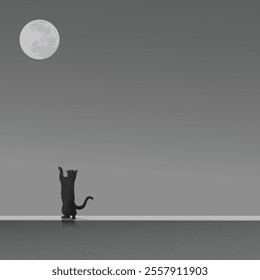 Black cat standing on cement barrier and try to reach out and grab the moon graphic illustration have blank space.