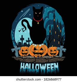 Black cat standing on Halloween pumpkin to scare people during blue full moon vector