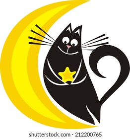 Black cat with star on the moon cute cartoon vector illustration