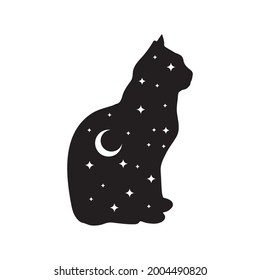 Black cat with stars and moon vector illustration, night sky inside cat silhouette 