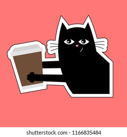 Black cat sticker with cup of coffee. Happy black cat vector illustration on bright background. Black trendy cat.