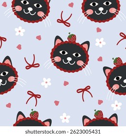 black cat strawberry seamless pattern on a blue background. Perfect for Prints, Wrapping Paper, Wallpaper, Textiles, Stationery, and Fabric.