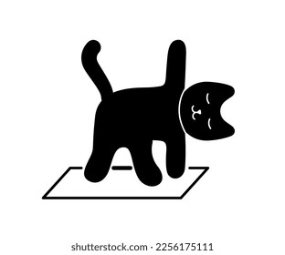 Black cat stretching. Active lifestyle and sports, fitness and yoga. Kitten stands on two legs, raising other up. Poster or banner for website. Cartoon flat vector illustration