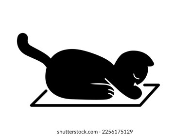 Black cat stretching. Adorable character and kitten, active and healthy lifestyle and sport. Poster or banner for website. Fitness and yoga. Cartoon flat vector illustration