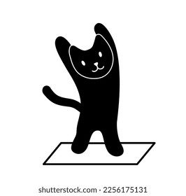 Black cat stretching. Charming character stands on its hind legs on rug, silhouette of kitten. Sprot, yoga and fitness. Poster or banner for website. Cartoon flat vector illustration