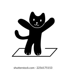 Black cat stretching. Charming kitten doing yoga, silhouette. Sticker for social networks and instant messengers. Character stands on two legs. Cartoon flat vector illustration