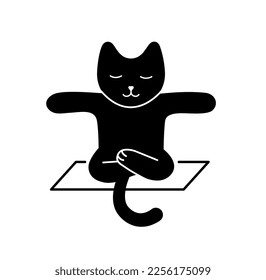 Black cat stretching. Cute and adorable kitten sits in lotus position, meditates. Concentration and inner balance. Graphic element for website. Cartoon flat vector illustration