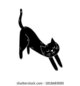 El gato negro está estirando elementos aislados. Personaje felino lindo al estilo de las caricaturas. Genial para camisetas, tazas. Ilustración del vector