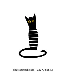 Black cat with striped texture. Cute sticker. Isolated vector illustration