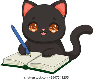 Gato Negro Estudiando Con Libro Y Pluma Gatito Vector