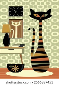 Black cat in stylish 1960s room with portrait of beloved kitty and clock on the wall. Handmade drawing vector illustration. 1960s retro style poster.