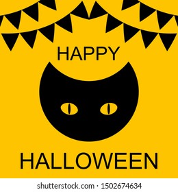 Black cat stylized face and inscription Happy Halloween. Vector